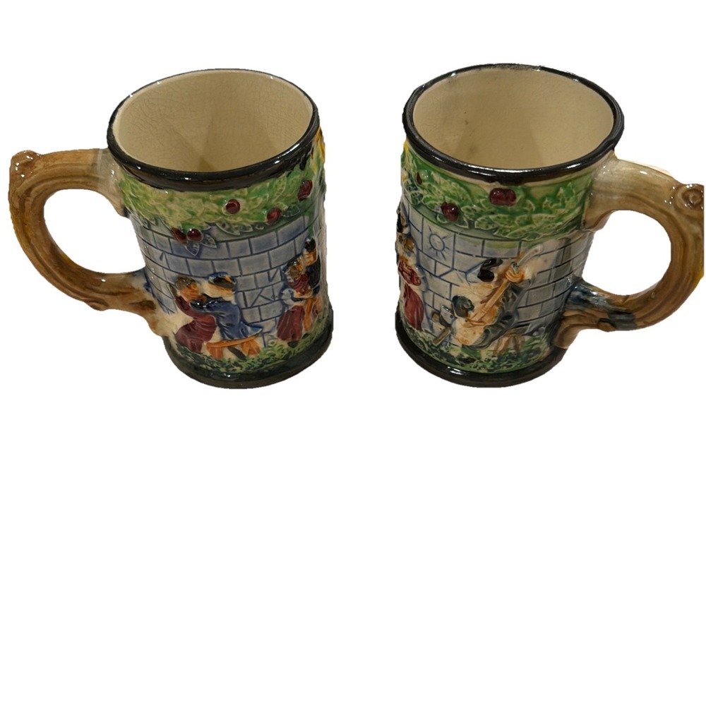 Vtg 2 German Style Garden Scene Beer Mug Cup Stein Pottery Ceramic Made in Japan